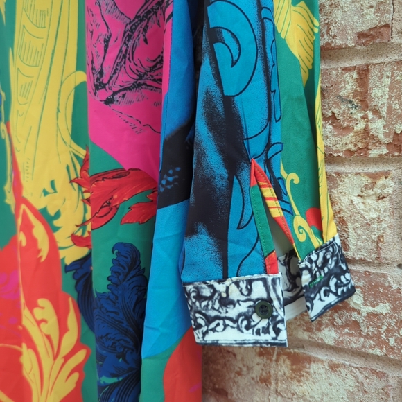 Colorful Print Button Up Collar Long Shirt Dress Blouse Mini Dress size M - Picture 8 of 10